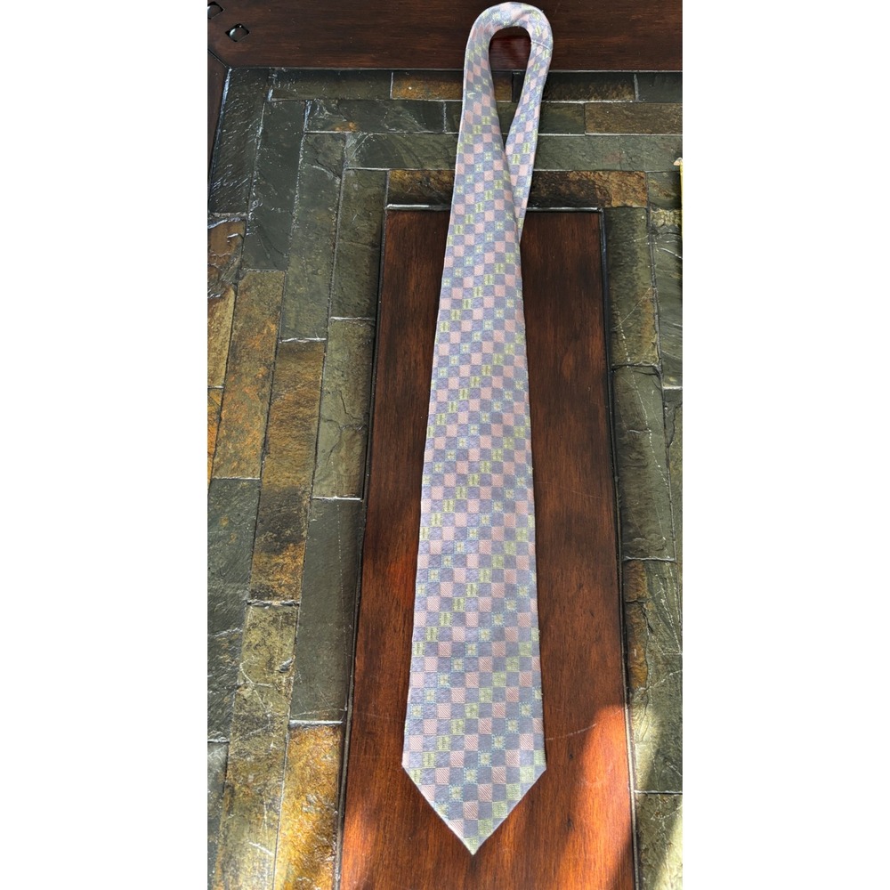 Daniel De Fasson Mens‎ Silk Necktie Gray Pink Green Check Pattern Tie Vintage - Picture 4 of 13